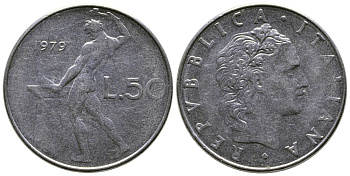 Италия 50 лир 1979 R, бог огня Вулкан у наковальни KM 95.1 нержавеющая сталь    4606-142