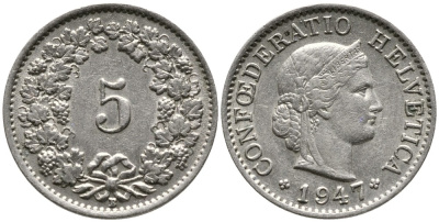 ШВЕЙЦАРИЯ 5 РАППЕНОВ 1947 KM 26 медно-никель 4528-638