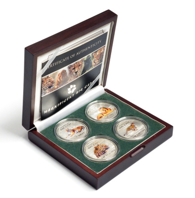 Конго набор из 4 монет по 30 франков 2011 серия 'Величественные крупные кошки', тигр, леопард, гепард, лев, вес каждой монеты 20 гр., тираж 3000 наборов, эмаль, в оригинальной деревянной коробке с сертификатом серебро PROOF 4-3-2-08