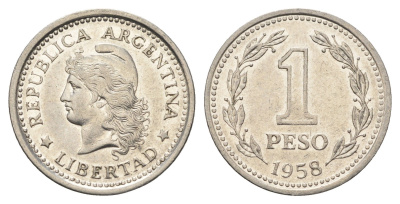 Аргентина 1 песо 1958 KM 57 сталь плакированная никелем 4663-625