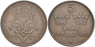 Швеция 5 эре 1919 Густав V (1907-1950) KM 779.2 бронза 4557-543