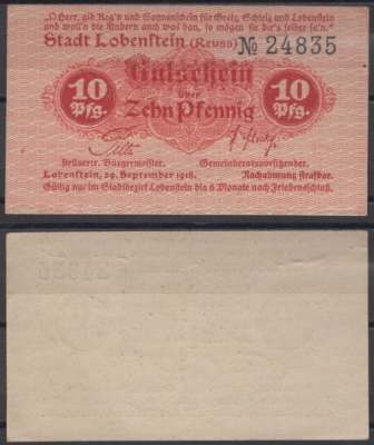Лобенштайн 10 пфеннигов 1918 Tieste 4160.05.01 бумага UNC (пресс) 8608-27-3-2