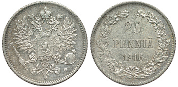 Россия для Финляндии 25 пенни 1916 S, Николай II (1894-1917) KM 6.2, Биткин 421 серебро 75-1236