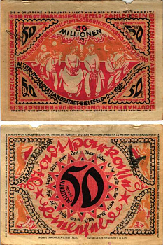 БИЛЕФЕЛЬД 50000000 МАРОК 1922 НОТГЕЛЬД, 2 АПРЕЛЯ 1922 (ОКТЯБРЬ 1923), ЗЕМЛЯ СЕВЕРНЫЙ РЕЙН-ВЕСТФАЛИЯ, ПЕРФОРАЦИЯ P. RRUST Grabowski 83 (GR 36) бумага 6300-33-1-1