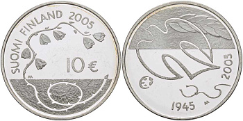 Финляндия 10 евро 2005 60 лет мира в Европе, голубь мира KM 120 серебро PROOF 11-182-32