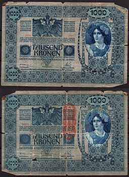 Австрия 1000 крон 1919 Женщина, австрийское знаме, с печатью Pick 57a бумага 7547-87-2-1