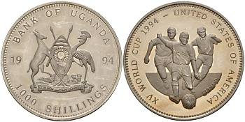 Уганда 1000 шиллингов 1994 чемпионат мира по футболу 1994 - Три футболиста с мячом UC 100 медно-никель PROOF 00-00