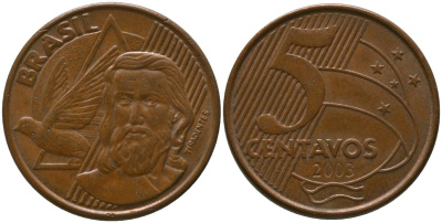 Бразилия 5 сентаво 2003 KM 648, Schon 156 сталь плакированная медью 4523-957