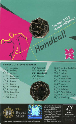 Великобритания 50 пенсов 2011 XXX летние Олимпийские игры в Лондоне в 2012 году, гандбол, в оригинальном картонном буклете, с Олимпийской голограммой (15/29) KM 1192 медно-никель  UNC  3-6-6-24