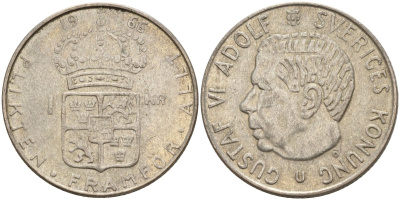 Швеция 1 крона 1966 U, Густав VI Адольф (1950-1973) KM 826 серебро 4150-216