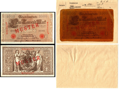 Германия 1000 марок 1910 21 апреля, MUSTER, образец, Specimen. В оригинальном банковском конверте. Из коллекции Отто Сейфферта (помощник Ялмара Шахта - министра экономики Германии и президента Рейхсбанка времен третьего рейха) Pick 44 s, Grabowski DEU 40 