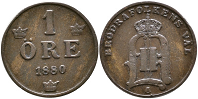 Швеция 1 эре 1880 Оскар II (1872-1907) король Швеции и Норвегии KM 750 бронза 84-935