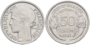 ФРАНЦИЯ 50 САНТИМОВ 1941 ТИП MORLON LOURDE KM 894.1a, LE FRANC 193.2 алюминий 44-217