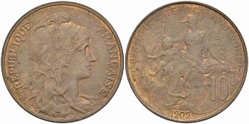 ФРАНЦИЯ 10 САНТИМОВ 1909 ТИП ДАНИЭЛЬ ДЮПЮИ KM 843, LA FRANC 136.19 бронза 109-236