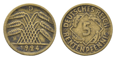 Германия 5 рентенпфеннигов 1923 D J.308, KM 32 алюминиевая бронза 4701-1161