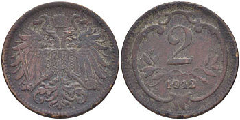 АВСТРИЯ 2 ГЕЛЛЕРА 1912 ФРАНЦ ИОСИФ (1846-1918) KM 2801 бронза 99-1043
