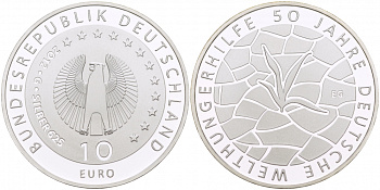 ФРГ 10 евро 2012 G, 50 ЛЕТ ОРГАНИЗАЦИИ ПОМОЩИ ГОЛОДАЮЩИМ KM 309 серебро PROOF 1082-9-41
