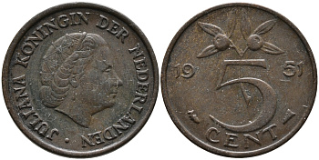 НИДЕРЛАНДЫ 5 ЦЕНТОВ 1951 ЮЛИАНА KM 181 бронза 98-312
