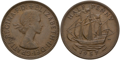 Великобритания 1/2 пенни 1957 Елизавета II (1952-2022) KM 896, Spink 4158 бронза 4159-752