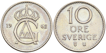 Швеция 10 эре 1962 U, Густав VI Адольф (1950-1973) КМ 835 медно-никель 4169-111