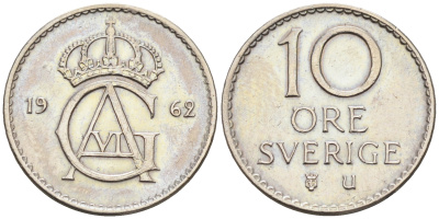 Швеция 10 эре 1962 U, Густав VI Адольф (1950-1973) КМ 835 медно-никель 4169-111