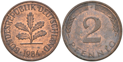 ФРГ 2 ПФЕННИГА 1984 J KM 106a, J.381a сталь плакированная сталь плакированная медьюю 75-448