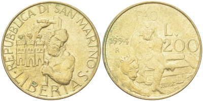 Сан-Марино 200 лир 1994 ФАО KM 313 алюминиевая бронза aUNC 4148-731