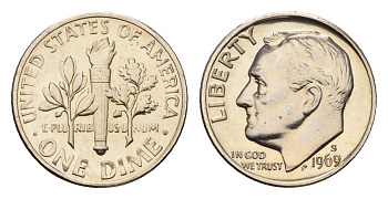 США 1 дайм (10 центов) 1969 S KM 195a медь плакированная медно-никелем PROOF 270-1532