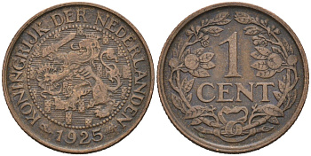 Нидерланды 1 цент 1925 Вильгельмина (1890-1948) KM 152 бронза 4576-733