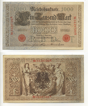 ГЕРМАНИЯ 1000 МАРОК 1910 КРАСНАЯ ПЕЧАТЬ, 7 ЦИФР В НОМЕРЕ Pick 44b бумага UNC (ПРЕСС) 6280-50-1-1