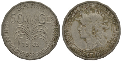 Гваделупа 50 сантимов 1903 KM 45 медно-никель 272-612
