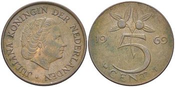 Нидерланды 5 центов 1969 Юлиана (1948-1980) KM 181 бронза 213-1051
