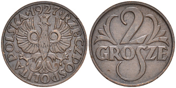 ПОЛЬША 2 ГРОША 1927 w KM 9а бронза 4516-831