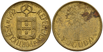 Португалия 1 эскудо 1992 KM 631 никель латунь 4154-1029