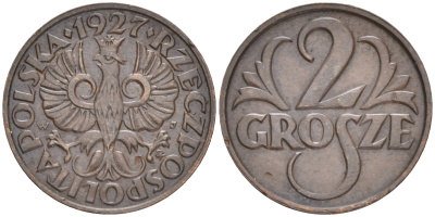 ПОЛЬША 2 ГРОША 1927 w KM 9а бронза 4516-831