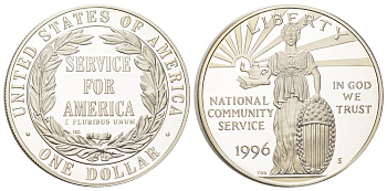США 1 доллар 1996 S, Корпорация государственной и муниципальной службы, в оригинальном футляре, с сертификатом KM 275 серебро PROOF 8-2-05-11