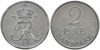 ДАНИЯ 2 ЭРЕ 1968 C;S, ФРЕДЕРИК IX (1947-1972) KM 840,2 цинк 202-714