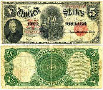 США 5 долларов 1907 A, семья пионеров с собакой, подписи Speelman и White Pick 186 (9) бумага 451-137-1