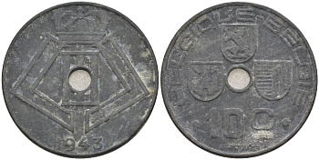 Бельгия 10 сантимов 1943 Belgique-Belgie, германская оккупация KM 125 цинк 4126-151