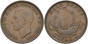 Великобритания 1/2 пенни 1943 Георг VI (1936-1952) KM 844, Spink 4115 бронза 4146-234