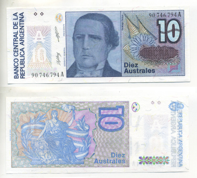 АРГЕНТИНА 10 АУСТРАЛЕЙ 1987 СЕРИЯ А 90746, САНТЬЯГО ДЕРКИ, ПРЕЗИДЕНТ АРГЕНТИНЫ Pick 325а бумага UNC (ПРЕСС) 6299-32-1