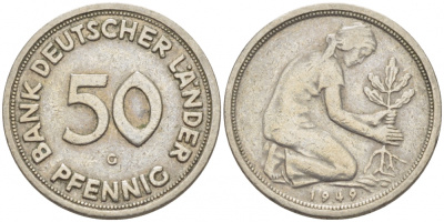 ФРГ 50 пфеннигов 1949 G KM 104, J. 379 медно-никель 112-941