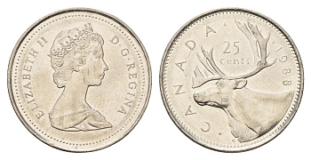 Канада 25 центов 1988 Елизавета II (1952-2022), олень KM 74 никель 4688-525