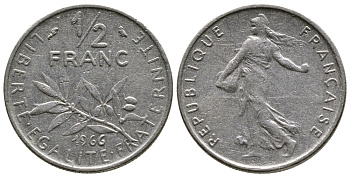 ФРАНЦИЯ 1/2 ФРАНКА 1966 СЕЯТЕЛЬ KM 931.1, LE FRANC 198.5 никель 26-965