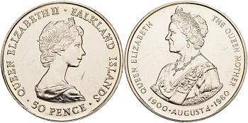 Фолклендские острова 50 пенсов 1980 80 лет королеве Елизавете, королеве матери KM 15 медно-никель UNC 107-1221
