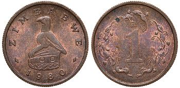 Зимбабве 1 цент 1980 птица-идол KM 1a сталь плакированная бронзой 4164-552
