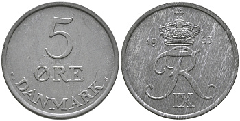 ДАНИЯ 5 ЭРЕ 1963 C; S, ФРЕДЕРИК IX (1947-1972) KM 843.2 цинк UNC 32-534