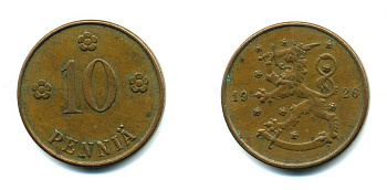 Финляндия 10 пенни 1926 республика (1918-1962) KM 24 медь 46-1526