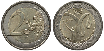ПОРТУГАЛИЯ 2 ЕВРО 2009 ПОРТУГАЛОЯЗЫЧНЫЕ ИГРЫ KM 786 биметалл 3856-647