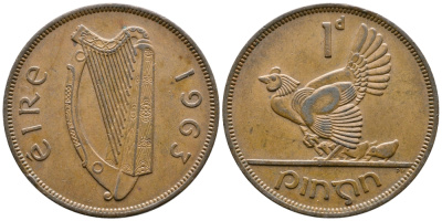 ИРЛАНДИЯ 1 ПЕННИ 1963 КУРИЦА С ЦЫПЛЯТАМИ KM 11 бронза 4110-332